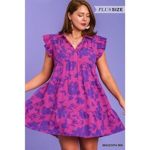 Umgee Plus Magenta Ruffle, Collared Tiered Dress 1x